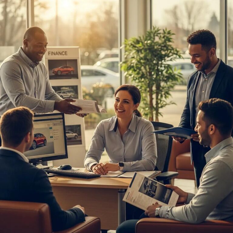 Automotive dealership finance manager engaging with customers in a welcoming office environment