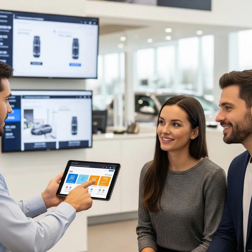 Finance manager presenting digital F&I products to customers in a modern dealership